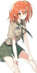  1girl ahoge bare_legs belt black_belt blush breasts buttons collar collared_shirt fate/grand_order fate_(series) fujimaru_ritsuka_(female) green_necktie green_shorts hair_between_eyes hair_ornament hair_scrunchie looking_at_viewer necktie orange_hair packet pttyr scrunchie shirt short_hair short_sleeves shorts white_background 