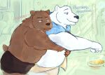  2023 anthro bear black_nose brown_body clothing cooking dialogue duo embrace english_text grizzly_(shirokuma_cafe) hi_res hug hugging_from_behind male male/male mammal overweight overweight_male polar_bear shirokuma shirokuma_cafe text tired tribdinosaur underwear ursine white_body 