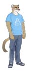  2021 anthro blue_clothing bottomwear cettus clothed clothing cougar felid feline footwear fully_clothed fur hi_res male mammal pants shirt shoes simple_background solo standing tail tan_body tan_fur topwear white_background white_body white_fur 