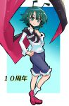  1girl absurdres androgynous antennae black_cape black_outline blue_shorts blush cape collared_shirt commentary_request flat_chest full_body green_eyes green_hair hand_on_own_chest hand_on_own_hip highres long_sleeves looking_at_viewer makapiii medium_bangs one-hour_drawing_challenge outline red_cape red_footwear shirt short_hair shorts smile socks solo touhou two-sided_cape two-sided_fabric white_shirt wriggle_nightbug 