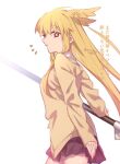  1girl black_skirt blonde_hair breasts commentary_request fate/grand_order fate_(series) head_wings large_breasts long_hair long_sleeves looking_at_viewer mitsurugi_sugar railing red_eyes sidelocks skirt solo sweater thrud_(fate) translation_request valkyrie_(fate) wings yellow_sweater 