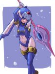  1girl android arm_up armpits blue_background blue_eyes boots breasts closed_mouth curvy framed gloves helmet highres holding holding_polearm holding_weapon kureikyo1031 leviathan_(mega_man) looking_at_viewer mega_man_(series) mega_man_zero_(series) polearm robot robot_girl smile solo spear standing thigh_boots thighhighs weapon white_gloves 