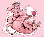  anthro ball_of_yarn balls bodily_fluids butt claws domestic_cat entangled feet felid feline felis furvidd genitals hairless hairless_cat hi_res male mammal nude pawpads pink_body pink_skin solo sphynx_(cat) sweat sweatdrop yarn yellow_eyes 