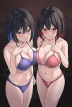  2girls absurdres asymmetrical_docking bare_arms bare_shoulders bikini black_hair black_survival blue_bikini blue_eyes blue_hair blush breast_press breasts cleavage closed_mouth collarbone colored_inner_hair commentary_request crying crying_with_eyes_open debi_(black_survival) eternal_return:_black_survival hair_between_eyes highres korean_commentary large_breasts looking_at_viewer marlene_(black_survival) multicolored_hair multiple_girls navel parted_lips ptal red_bikini red_eyes red_hair short_hair siblings sisters stomach swimsuit tears twins v-shaped_eyebrows 