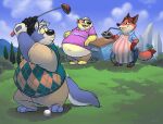  2023 anthro apron belly big_belly black_nose blue_body bottomwear canid canine clothing dessert detailed_background disney food fox gideon_grey golf_club group male mammal obese obese_male orange_body outside overweight overweight_male pants pie procyonid raccoon raccoondrew shirt sweater sweater_vest topwear vest yellow_body zootopia 