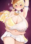  1girl ? @_@ ahoge armpits belly_grab blonde_hair braid breasts cheerleader chomikuplus cleavage commentary_request covered_nipples cowboy_shot disembodied_limb hair_between_eyes halo heart highres holding holding_pom_poms huge_breasts kotori_(blue_archive) kotori_(cheer_squad)_(blue_archive) long_hair looking_at_viewer millennium_cheerleader_outfit_(blue_archive) miniskirt muffin_top navel parted_lips plump pom_pom_(cheerleading) red_eyes short_twintails skirt solo_focus thick_thighs thighs translation_request twintails white_skirt wing_collar yellow_halo 