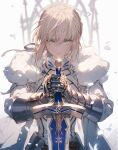  1girl ahoge armor armored_dress artoria_pendragon_(fate) blonde_hair blue_eyes braid excalibur_(fate/stay_night) fate/grand_order fate/stay_night fate/unlimited_blade_works fate/zero fate_(series) gauntlets long_sleeves saber short_hair snow solo sword tarte_(hodarake) weapon 