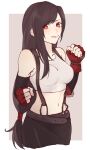  1girl belt black_gloves black_hair black_skirt crop_top elbow_gloves elbow_pads final_fantasy final_fantasy_vii gloves highres long_hair low_ponytail nitoya_00630a ponytail red_eyes red_gloves shirt skirt smile suspenders tifa_lockhart white_shirt 