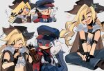  2girls black_gloves blonde_hair blue_eyes blush bottle cape chesed_(uporyz) chibi closed_eyes colt_revolver_(girls&#039;_frontline) commentary_request cowboy_hat eyepatch facial_mark fur-trimmed_cape fur_trim girls&#039;_frontline gloves grey_background gun hair_between_eyes handgun hat highres holding holding_bottle holding_gun holding_weapon long_hair makarov_(girls&#039;_frontline) makarov_pm mod3_(girls&#039;_frontline) multiple_girls multiple_views open_mouth partially_fingerless_gloves red_eyes red_scarf red_star scarf shirt simple_background sitting smile soda_bottle star_tattoo tattoo weapon white_hair white_shirt 