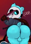  2023 anthro anus azulin_(unicorn_wars) balls bear bent_over big_butt blood blood_on_weapon blue_body blue_clothing blue_ears blue_eyes blue_fur blue_jacket blue_tail blue_topwear bodily_fluids bottomless brown_cape butt cape clothed clothing digital_media_(artwork) fur genitals hi_res holding_knife holding_object holding_weapon jacket knife looking_back male mammal mask nekoni notched_ear oops partially_clothed short_tail solo tail text thick_thighs topwear unicorn_wars weapon 