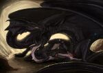  backlighting barbel_(anatomy) bite biting_another black_body black_fur black_scales cave digital_media_(artwork) digital_painting_(artwork) dragon duo feathered_wings feathers feet feet_up female feral flamespitter frill_(anatomy) fur furred_dragon genitals grimace horn inside light lighting lying male male/female membrane_(anatomy) membranous_frill membranous_wings on_side pawpads penetration penis pussy scales scalie sex size_difference teeth temeraire vaginal vaginal_penetration western_dragon whiro white_body white_fur wings 