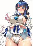  1girl ahoge bare_shoulders black_hair blue_eyes blue_ribbon blunt_bangs blush breasts clothes_lift collarbone cum dress ejaculation fate/grand_order fate/requiem fate_(series) flying_sweatdrops fundoshi highres japanese_clothes jewelry large_breasts long_sleeves looking_at_viewer magatama magatama_hair_ornament magatama_necklace medium_hair multicolored_hair necklace pelvic_curtain pink_hair puffy_long_sleeves puffy_sleeves ribbon seigaiha sekai_saisoku_no_panda short_dress sideboob sideless_outfit sidelocks solo streaked_hair sweat utsumi_erice white_dress 