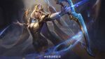 1girl absurdres architecture arrow_(projectile) artist_name ashe_(league_of_legends) blue_eyes bow_(weapon) breasts championship_ashe cleavage eyeshadow fingernails fog fountain grey_hair highres holding holding_arrow holding_bow_(weapon) holding_weapon indoors large_breasts league_of_legends long_hair looking_to_the_side luo_yueye makeup official_alternate_costume official_alternate_hairstyle outstretched_arms parted_lips solo standing statue weapon 
