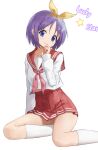  1girl absurdres blue_eyes clothes_lift collarbone copyright_name dot_nose hair_ribbon hand_on_own_chin hand_up highres hiiragi_tsukasa long_sleeve_shirt long_sleeves looking_at_viewer lucky_star medium_hair purple_hair red_sailor_collar ribbon sailor_collar school_uniform serafuku simple_background sitting skirt skirt_lift socks solo star_(symbol) white_background white_socks yoruciel 