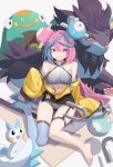  1girl absurdres bare_shoulders barefoot blue_hair breasts crop_top garter_straps grin halterneck highres iono_(pokemon) legs looking_at_viewer luai medium_breasts midriff multicolored_hair navel pink_hair pokemon pokemon_(creature) pokemon_(game) pokemon_sv single_thighhigh sitting smile split-color_hair thigh_gap thigh_strap thighhighs toes two-tone_hair 