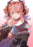  1girl :o ? aluoji arknights black_jacket black_shirt blue_necktie blush braid commentary_request cone_hair_bun diagonal-striped_necktie eureka_(arknights) food-themed_hair_ornament gradient_background hair_between_eyes hair_bun hair_ornament hand_up headphones heart heart_hair_ornament highres index_finger_raised jacket long_sleeves looking_at_viewer multicolored_hair nail_polish necktie off_shoulder open_clothes open_jacket open_mouth pink_background pink_hair pixelated puffy_long_sleeves puffy_sleeves purple_hair purple_skirt red_eyes red_nails shirt skirt solo strawberry_hair_ornament teeth twin_braids two-tone_hair upper_teeth_only white_background 