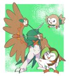  arm_up arrow_(projectile) bird border closed_mouth commentary_request dartrix decidueye evolutionary_line frown green_background grey_eyes highres holding legs_apart no_humans one_eye_closed pkpokopoko3 pokemon pokemon_(creature) rowlet standing white_border 