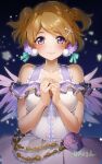  1girl breasts brown_hair closed_mouth collarbone flower hair_flower hair_ornament koizumi_hanayo looking_at_viewer love_live! medium_breasts nakano_maru own_hands_together purple_eyes purple_flower short_hair skirt smile solo two_side_up white_skirt x_hair_ornament 