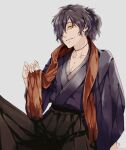  1boy arm_support black_hair collarbone fate/grand_order fate_(series) fingernails fu_yukari grey_background hakama hakama_pants japanese_clothes looking_at_viewer male_focus messy_hair okada_izou_(fate) orange_eyes orange_scarf pants parted_lips pectoral_cleavage pectorals ponytail scar scar_on_neck scarf signature simple_background sitting solo wide_sleeves 