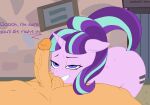  absurd_res aroused balls big_penis bodily_fluids clenched_teeth duo equal_sign equid equine erection female friendship_is_magic genitals hasbro hi_res horse human male male/female mammal my_little_pony penis pony snailbail22 starlight_glimmer_(mlp) sweat sweatdrop tail teasing teeth 