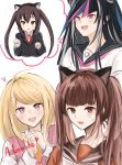  4girls :d akamatsu_kaede alternate_hairstyle animal_ears black_hair black_jacket black_sailor_collar blonde_hair blue_hair blush brown_hair cat_ears danganronpa_(series) danganronpa_2:_goodbye_despair danganronpa_v3:_killing_harmony fake_animal_ears fangs hair_ornament hairclip harukawa_maki heart highres interlocked_fingers iwano_(iwanohiroko) jacket k-on! long_hair mioda_ibuki mole mole_under_eye multicolored_hair multiple_girls musical_note musical_note_hair_ornament neck_ribbon own_hands_together pink_eyes pink_hair pink_sweater red_eyes red_ribbon ribbon sailor_collar shirt smile sweater teeth twintails white_hair white_shirt 