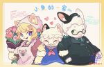  1boy 2girls :3 animal_ears apron blonde_hair blue_dress blue_eyes border bouquet cat_ears cat_girl cat_tail chinese_text closed_eyes dress family furry furry_female furry_male glasses green_eyes green_suit grin heart highres holding holding_another&#039;s_arm holding_bouquet hua_hua_de_meme jewelry long_hair multiple_girls necklace original pearl_necklace pink_apron rabbit_boy semi-rimless_eyewear smile suit tail upper_body watermark white_fur white_hair yellow_border yellow_fur 