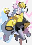  1girl :d aqua_hair bike_shorts boots bow-shaped_hair character_hair_ornament commentary_request grey_footwear hair_ornament iono_(pokemon) jacket leg_up long_hair long_sleeves menka_(menka_wata) multicolored_hair open_mouth pink_hair pokemon pokemon_(creature) pokemon_(game) pokemon_sv single_leg_pantyhose sleeves_past_fingers sleeves_past_wrists smile tadbulb teeth tongue twintails two-tone_hair upper_teeth_only yellow_jacket 