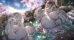  absurd_res anthro bathing bathing_together belly blush cai_yuwang duo felid fur hi_res licho_(tas) lifewonders male male/male mammal moobs navel nipples one_eye_closed overweight pantherine rubber_duck striped_body striped_fur stripes tiger tokyo_afterschool_summoners towel white_body white_fur wink 