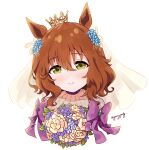  absurdres alternate_costume animal_ears aston_machan_(haute_couture_memory)_(umamusume) aston_machan_(umamusume) bridal_veil brown_hair closed_mouth collarbone crown dress flower goom_(goomyparty) green_eyes hair_between_eyes hair_flower hair_ornament highres horse_ears horse_girl looking_at_viewer medium_hair portrait ribbon smile twitter_username umamusume veil wedding_dress 