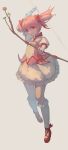  1girl :o absurdres arm_up arrow_(projectile) bow bow_(weapon) bow_choker breasts bubble_skirt chest_jewel choker dress floating floating_hair footwear_bow frilled_skirt frilled_socks frills full_body gloves grey_background hair_bow hands_up high_heels highres holding holding_arrow holding_bow_(weapon) holding_weapon kaname_madoka kneehighs looking_at_viewer magical_girl mahou_shoujo_madoka_magica miniskirt outstretched_arm petticoat pink_bow pink_dress pink_eyes pink_gemstone pink_hair puffy_short_sleeves puffy_sleeves red_choker red_footwear sanng short_dress short_hair short_sleeves short_twintails skirt small_breasts socks solo square_neckline twintails weapon white_gloves white_skirt white_sleeves white_socks 