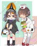  2girls animal_ears black_footwear black_hair blush boots brown_eyes brown_hair bucket candy closed_eyes closed_mouth dress fake_animal_ears food fujii_rino gloves hair_ornament hair_ribbon hairclip halloween_costume hat heart holding inagi_(kancolle) kantai_collection multiple_girls nurse nurse_cap off_shoulder open_mouth purple_ribbon red_footwear ribbon shoes short_hair_with_long_locks short_sleeves simple_background standing thighhighs twintails twitter_username ukuru_(kancolle) white_gloves white_thighhighs 