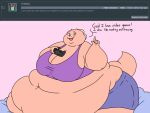  2018 5_fingers anthro ask_blog batspid2 belly big_belly big_breasts bottomwear breasts clothing controller crop_top cutoffs denim denim_clothing dialogue digital_drawing_(artwork) digital_media_(artwork) english_text exclamation eyebrows eyelashes female fingers flabby_arms flat_colors frill_(anatomy) head_crest head_frill holding_object juna_(batspid2) lizard membrane_(anatomy) membranous_frill morbidly_obese morbidly_obese_anthro morbidly_obese_female navel obese obese_anthro obese_female overweight overweight_anthro overweight_female pink_background pink_body pink_skin reptile scalie shirt shorts simple_background sitting smile solo tail text topwear wide_hips 