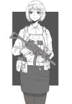  1girl 787nanahachi ammunition_pouch averting_eyes bags_under_eyes belt belt_pouch blunt_bangs bob_cut body_armor business_casual carabiner closed_mouth collared_shirt commentary empty_eyes expressionless folding_stock foregrip glowstick greyscale gun h&amp;k_mp5k handgun highres holding holding_gun holding_weapon holstered key load_bearing_vest long_sleeves magazine_(weapon) mole mole_under_eye monochrome office_lady original pantyhose pencil_skirt plate_carrier pouch shirt short_hair simple_background skirt sling snap-fit_buckle solo spot_color submachine_gun trigger_discipline two-tone_background utility_belt velcro vertical_foregrip walther walther_ppk weapon 