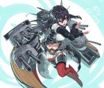  1girl black_capelet black_hair black_skirt breasts capelet cleavage collar commentary_request dated flipped_hair gegeron gloves headgear highres kantai_collection large_breasts long_hair metal_belt metal_collar midriff nagato_(kancolle) nagato_kai_ni_(kancolle) navel outstretched_arm radio_antenna red_eyes red_thighhighs rigging rudder_footwear signature simple_background skirt solo striped striped_skirt thighhighs turret twisted_torso white_gloves 