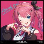  1girl album_cover aoppoi_oto bare_shoulders black_border black_jacket black_ribbon blue_eyes blush border bow bowtie breasts character_name collared_shirt commentary_request cover english_text frilled_shirt frills gradient_hair hair_between_eyes hair_ornament hair_ribbon hairclip heart heart_hands jacket jewelry kuramochi_meruto kuramochi_meruto_(1st_costume) large_breasts long_hair long_sleeves looking_at_viewer multicolored_hair multiple_rings nail_polish nijisanji off_shoulder official_art one_eye_closed open_clothes open_jacket open_mouth pink_background pink_bow pink_bowtie pink_hair pink_nails ponytail puffy_sleeves purple_hair ribbon ring shirt sidelocks simple_background sleeveless sleeveless_shirt smile solo translated upper_body viewfinder virtual_youtuber white_shirt 