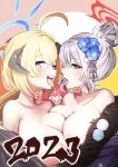  2023 3girls absurdres after_kiss ahoge akari_(blue_archive) bare_shoulders black_kimono blonde_hair blue_archive blush breast_press breasts cleavage flower fur-trimmed_kimono fur_trim grey_hair hair_bun hair_flower hair_ornament halo haruna_(blue_archive) haruna_(new_year)_(blue_archive) highres horns japanese_clothes junko_(blue_archive) kimono large_breasts long_hair looking_at_viewer looking_to_the_side low_ponytail multiple_girls new_year off_shoulder open_mouth purple_eyes purple_kimono red_eyes red_hair saliva saliva_trail short_hair smile sweatdrop symmetrical_docking tananne teeth tongue tongue_out yuri 
