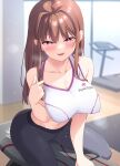  1girl blurry blurry_background blush brown_hair collarbone gym highres ishizaka_ryuudai long_hair midriff navel open_mouth original pants pink_eyes sidelocks sitting solo sports_bra sweat treadmill white_sports_bra yoga_pants 