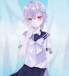  1girl a_certain_high_school_uniform accelerator_(toaru_majutsu_no_index) albino ambiguous_gender androgynous blue_sailor_collar blue_skirt blush bow c0c0ume curtain_grab curtains electrodes flower hair_flower hair_ornament light_frown lily_(flower) looking_at_viewer pale_skin red_eyes sailor_collar school_uniform shirt short_hair short_sleeves skirt solo summer_uniform sunlight suzushina_yuriko toaru_majutsu_no_index traditional_media upper_body white_bow white_hair white_shirt 