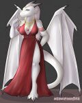  anthro bedroom_eyes clothing curvaceous curvy_figure dragon dress elegant female hair hand_behind_back hi_res horn jewelry narrowed_eyes neonicink red_clothing red_dress seductive selen_(elisonous) selen_dorfinian smile solo standing voluptuous white_hair wings 