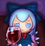  1girl alcohol blue_bow blue_dress blue_eyes blue_hair bow chibi cirno commentary cup dress drinking_glass english_commentary fumo_(doll) hair_bow ice ice_wings puffy_short_sleeves puffy_sleeves red_bow short_sleeves skullchimes solo touhou v-shaped_eyebrows watermark wine wine_glass wings 