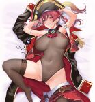  1girl areola_slip armpits arms_up arrow_through_heart ascot bicorne blush breasts covered_navel covered_nipples eyepatch eyepatch_removed from_above hair_ribbon hat heart heart_in_eye heterochromia highres hololive houshou_marine huge_breasts in_heat jacket leotard leotard_under_clothes looking_at_viewer navel niinana_(27code) nipple_piercing nipples on_bed paid_reward_available partially_undressed piercing pirate pirate_hat pleated_skirt red_ascot red_eyes red_hair red_jacket red_skirt ribbon see-through see-through_leotard skindentation skirt skirt_around_one_leg sleeveless sleeveless_jacket smile solo spread_legs symbol_in_eye thighhighs twintails virtual_youtuber wavy_mouth yellow_eyes 