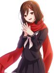  1girl black_serafuku brown_hair hair_ornament hairclip highres kagerou_project long_scarf medium_hair neckerchief open_mouth pochimaru_(marumaru_wanwan) red_eyes red_scarf scarf school_uniform serafuku tateyama_ayano white_background white_neckerchief 