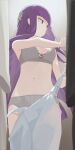  1girl blunt_bangs bra breasts cleavage closed_mouth dress fern_(sousou_no_frieren) grey_bra grey_panties highres hiroki_(yyqw7151) looking_to_the_side medium_breasts navel panties purple_eyes purple_hair solo sousou_no_frieren stomach underwear white_dress 