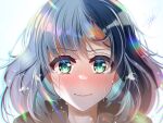  1girl absurdres aqua_eyes black_hoodie blue_hair blush chromatic_aberration close-up crying crying_with_eyes_open highres hood hoodie kurokawa_akane looking_at_viewer masanohe_(etoileair) medium_hair nose_blush oshi_no_ko portrait signature simple_background solo streaming_tears tears translation_request water_drop white_background 