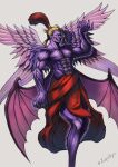  1boy abs absurdres angel_wings arm_up blonde_hair colored_skin commentary_request demon_wings evil_grin evil_smile feathered_wings feet_out_of_frame final_fantasy final_fantasy_vi grey_background grin hair_pulled_back highres kefka_palazzo long_hair low_ponytail male_focus multiple_wings muscular muscular_male parted_lips purple_skin simple_background smile solo topless_male twitter_username white_eyes wings zupakyo 