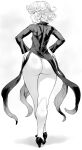  1girl ass curly_hair greyscale hands_on_hips high_heels highres huge_ass looking_to_the_side mogudan monochrome one-punch_man pelvic_curtain short_hair tatsumaki thong 