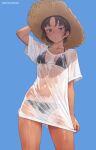  1girl arm_up bikini black_bikini blush breasts brown_hair closed_mouth hand_on_headwear hat highres looking_at_viewer mochi_(mochi444420) original see-through see-through_shirt shirt short_hair short_sleeves simple_background small_breasts solo straw_hat swimsuit tan twitter_username wet wet_clothes wet_shirt white_shirt 