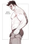  1boy abs aira_(loveisinthe_aira) alternate_costume arm_hair bara boku_no_hero_academia bouncing_ass boxers bulge bulge_lift clothes_pull denim dressing endeavor_(boku_no_hero_academia) from_side greyscale jeans large_bulge large_pectorals long_sideburns looking_at_viewer male_focus male_underwear mature_male meme messy_hair monochrome muscular muscular_male never_seen_a_guy_recreate_this_(meme) nipples pants pants_pull parted_lips pectorals short_hair sideburns solo spiked_hair stomach topless_male underwear wardrobe_malfunction 