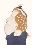  2023 anthro belly big_belly big_moobs blush bottomwear bulge clothing deer haoming kazusa kemono male mammal moobs nipples overweight overweight_male pants simple_background solo tamacolle underwear 