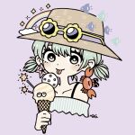  1girl bright_pupils cloud crab double_scoop earrings food garouma green_hair hat highres ice_cream ice_cream_cone jewelry multicolored_eyes original portrait purple_background rainbow short_hair simple_background solo starfish sunglasses tongue tongue_out white_pupils 